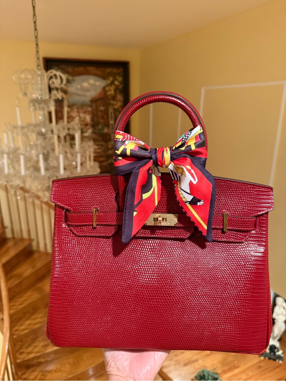 Elegant Embossed Lizard Rouge H Top-Handle Bag with Scarf Accent with ghw 30CM - Picture 9 of 9